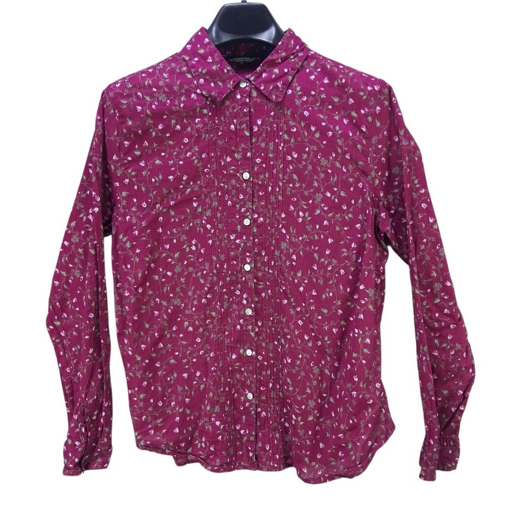 Eddie Bauer Women Berry Pink Floral Vine Crinkle Cotton Button Up Blouse Large